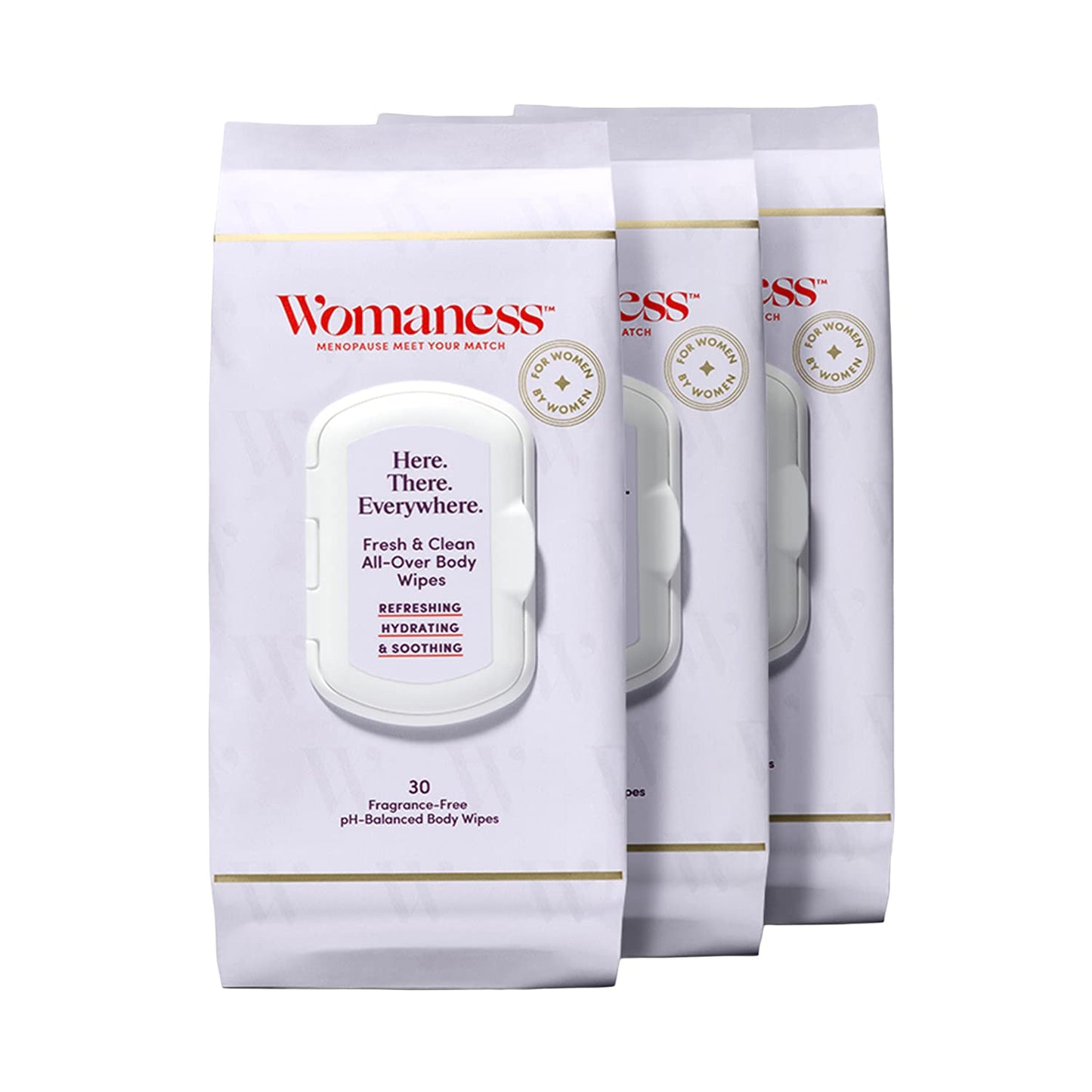 Womaness Here There Everywhere Feminine Wipes - Menopause Support Refreshing & Hydrating All Over Cooling Wipes - Soothing Body Cleansing Wipes for Hot Flashes, Odor & Dry Skin (3 Pack / 90 Wipes)