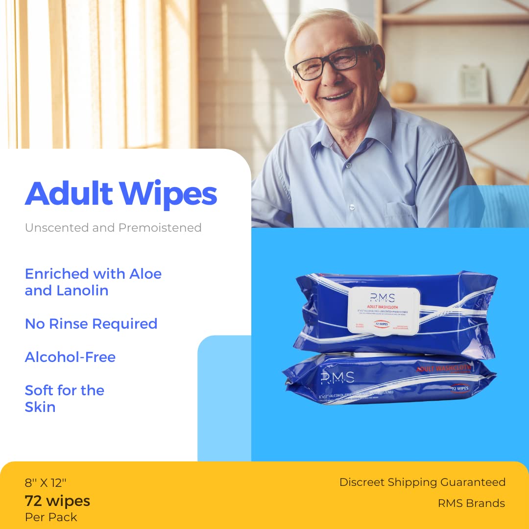 RMS BRANDS Disposable Adult Wet Wipes or Washcloths 8” X 12” Extra Soft Non-Irritating Adult Wipes for Incontinence with Aloe Vera & Lanolin for Multipurpose Cleansing (72 Count)