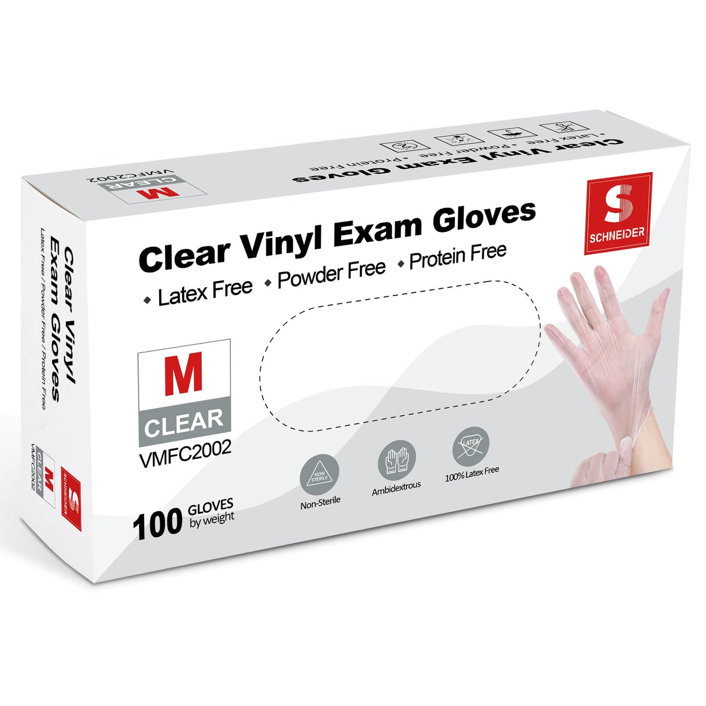 Schneider Clear Vinyl Exam Gloves, 4-mil, Large 100-ct Box, Latex-Free, Disposable Gloves, Medical Gloves, Cleaning Gloves, Food Prep Gloves, Food Safe Rubber Gloves, Powder-Free, Non-Sterile