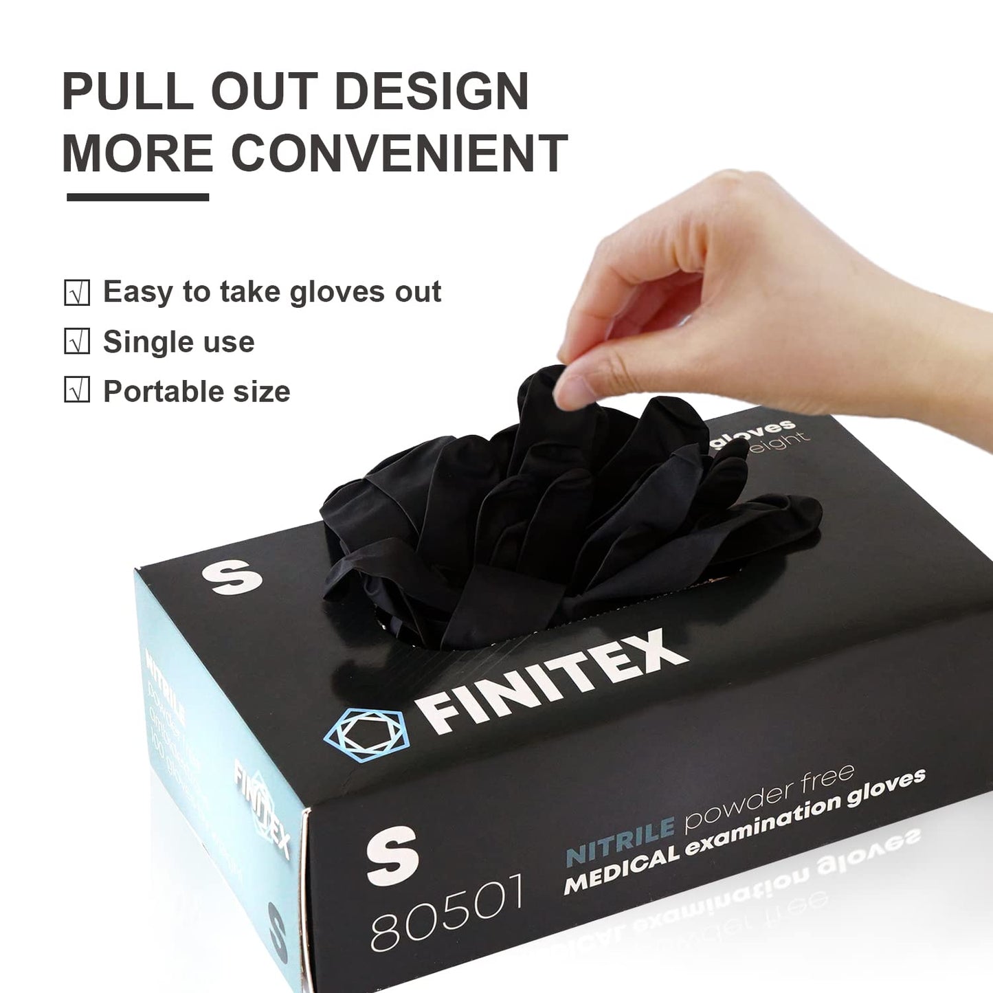 FINITEX - Black Nitrile Disposable Gloves, 5mil, Powder-free, Medical Exam Gloves Latex-Free 100 PCS For Examination Home Cleaning Food Gloves (Small)