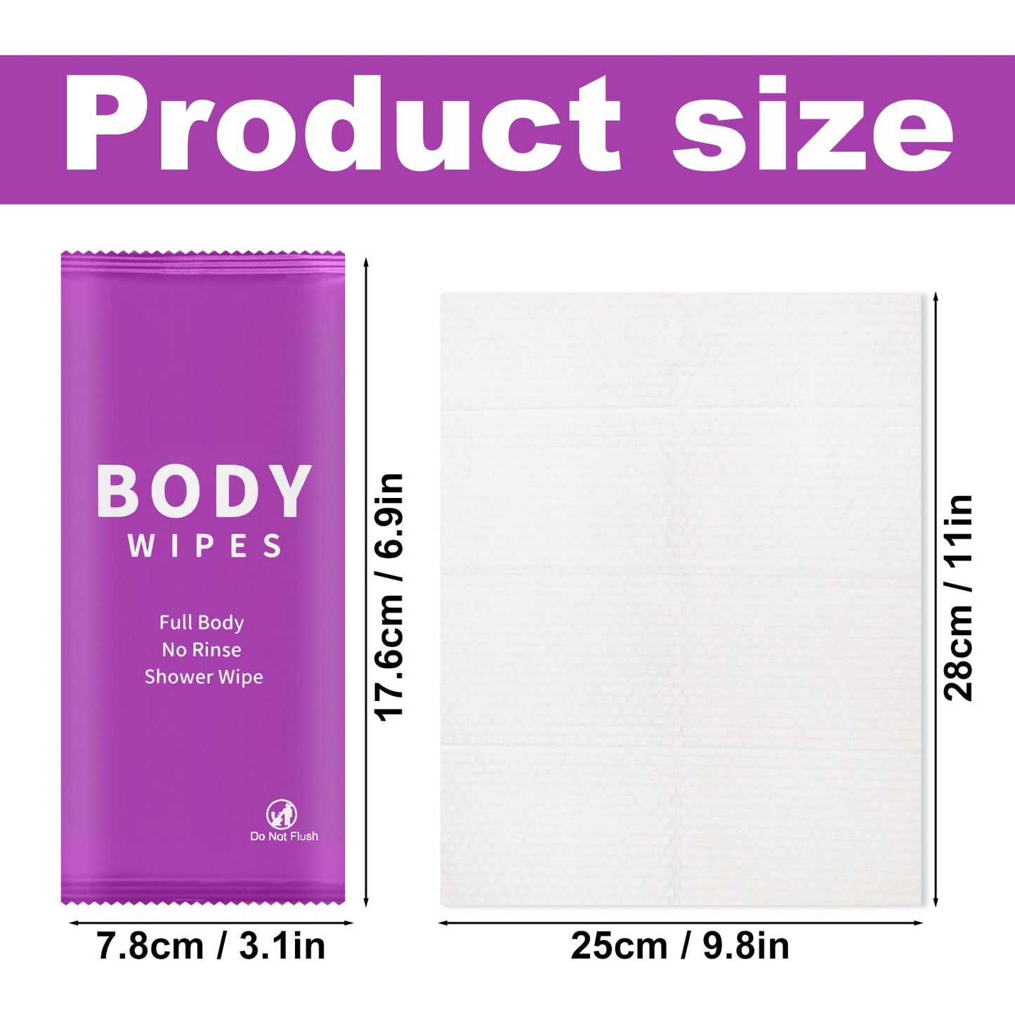 Individually Wrapped Body Wipes Bulk Bath Wipes, Women Men Large Adult Disposable Body Shower Wipes No Rinse-Free Bathing Cloths Wipes for Outdoors Sports After Gym Camping Travel (Purple 50 Pack)