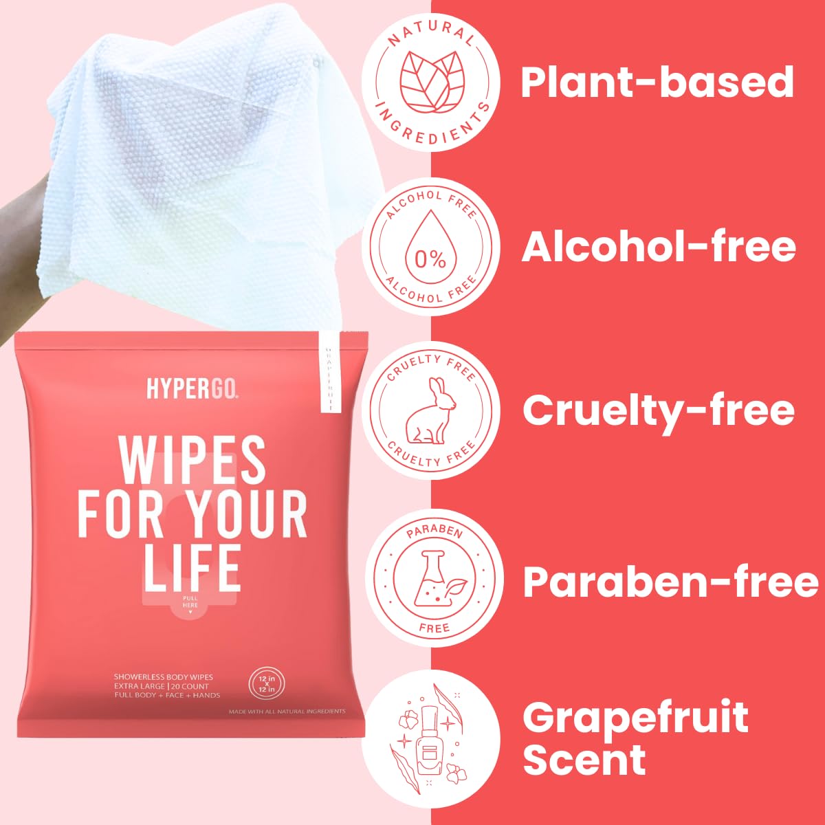 HyperGo Body Wipes - No Rinse Wet Wipes for Adults, All Natural Shower Bathing Wipes, Refreshing Body and Face Cleansing Wipes for Women and Men, 20 Extra Large Disposable Washcloths, 12x12 Grapefruit