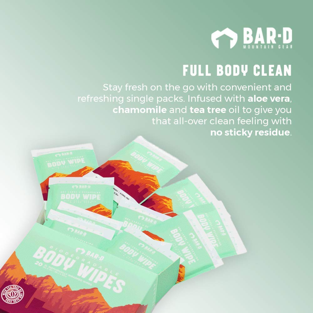 Bar-D Cleansing Face & Body Wipes for Women and Men - Individually Wrapped Biodegradable Shower Wipes with Tea Tree Oil & Aloe Vera (20 Count/Box)