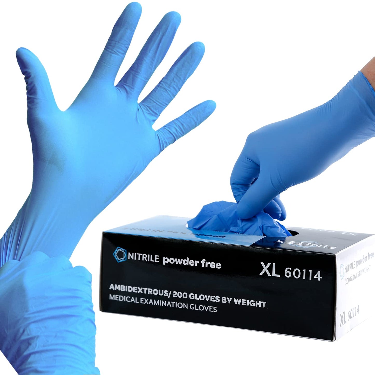 FINITEX Blue Disposable Nitrile Exam Gloves - 200 PCS/BOX 3.5mil Rubber Powder-Free Latex-Free Medical Examination Home Cleaning Food Gloves, X-LARGE