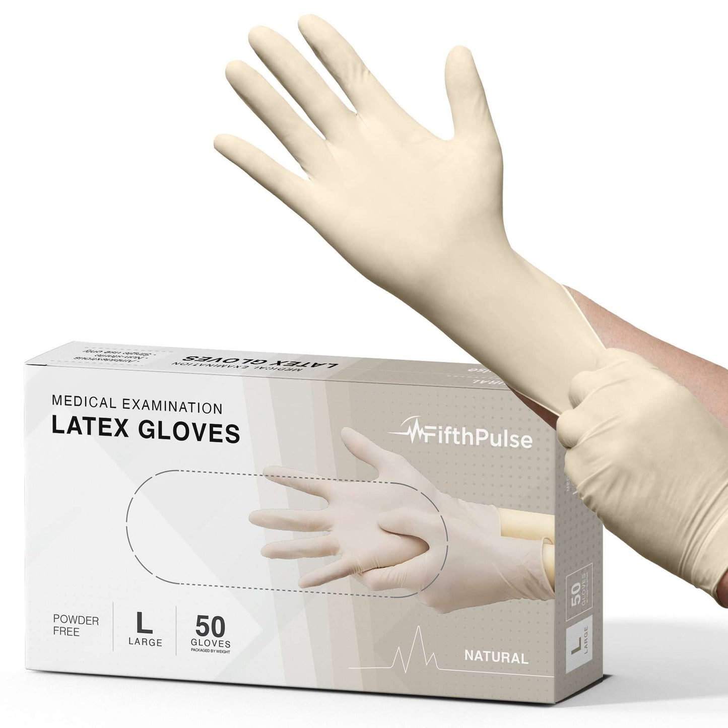 FifthPulse Medical Examination Latex Gloves Medium - 50 Count - Powder Free - Extra Thick 4.5 Mil - Natural Color - Non Sterile Disposable Gloves