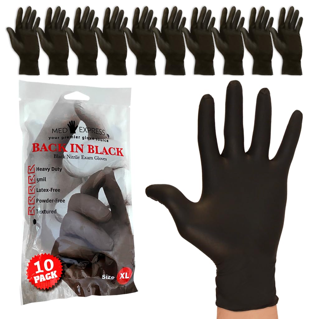 Med Express Nitrile Exam Gloves Black | 5 Mil Thick Nitrile Gloves | Latex-Free, Powder Free | Textured | Heavy Duty Black Nitrile Gloves XL 10 Pack