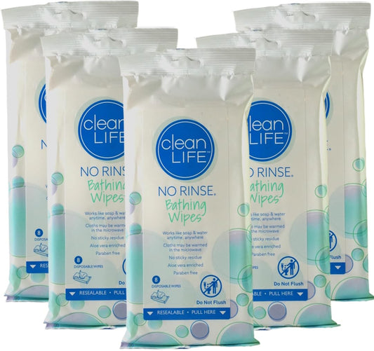 No-Rinse Bathing Wipes by Cleanlife Products (5 Pack), Premoistened and Aloe Vera Enriched for Maximum Cleansing and Deodorizing - Microwaveable, Hypoallergenic and Latex-Free (8 Wipes)