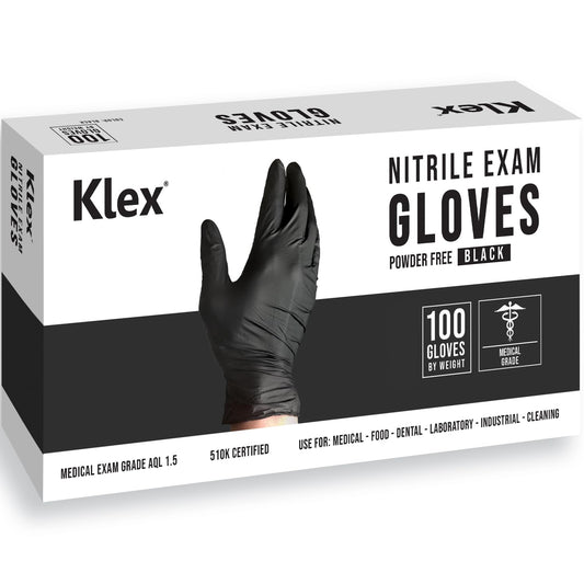 Klex Nitrile Exam Gloves - Medical Grade, Powder Free, Rubber Latex Free, Disposable Examination Grade Glove, Food Safe, Black, Medium, 100 Count