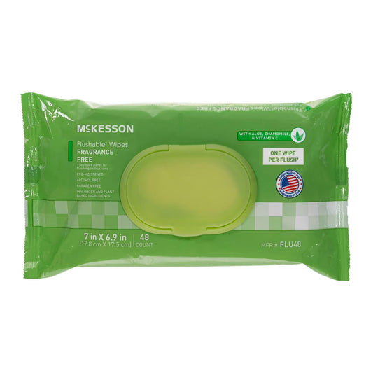 McKesson Flushable* Wet Wipes - Aloe & Vitamin E Formula, Gentle on Skin, Plant-Based Adult Cleansing Wipes - Unscented, 48 Wet Wipes per Pack, 48 Wipes, 1 Pack