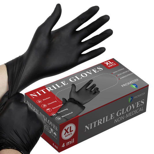 PROMEDIX P Nitrile Gloves, 4mil Gloves Disposable Latex Free, Disposable Gloves for Household, Food safe (Black Box of 50, Large)