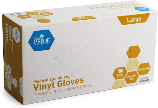 MedPride Powder-Free Vinyl Exam Gloves, Large, Box/100