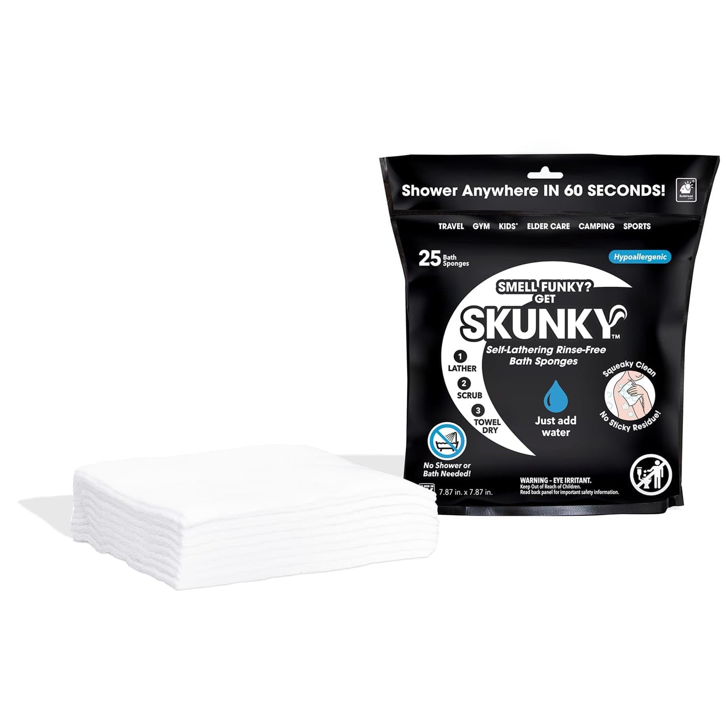 Skunky Disposable Rinse-Free Bathing Sponge Wipes, AS-SEEN-ON-TV, Cleans Without a Shower, Just Add Water, Lather, Scrub & Dry With No Sticky Residue, Gym, Elder Care, Kids & More