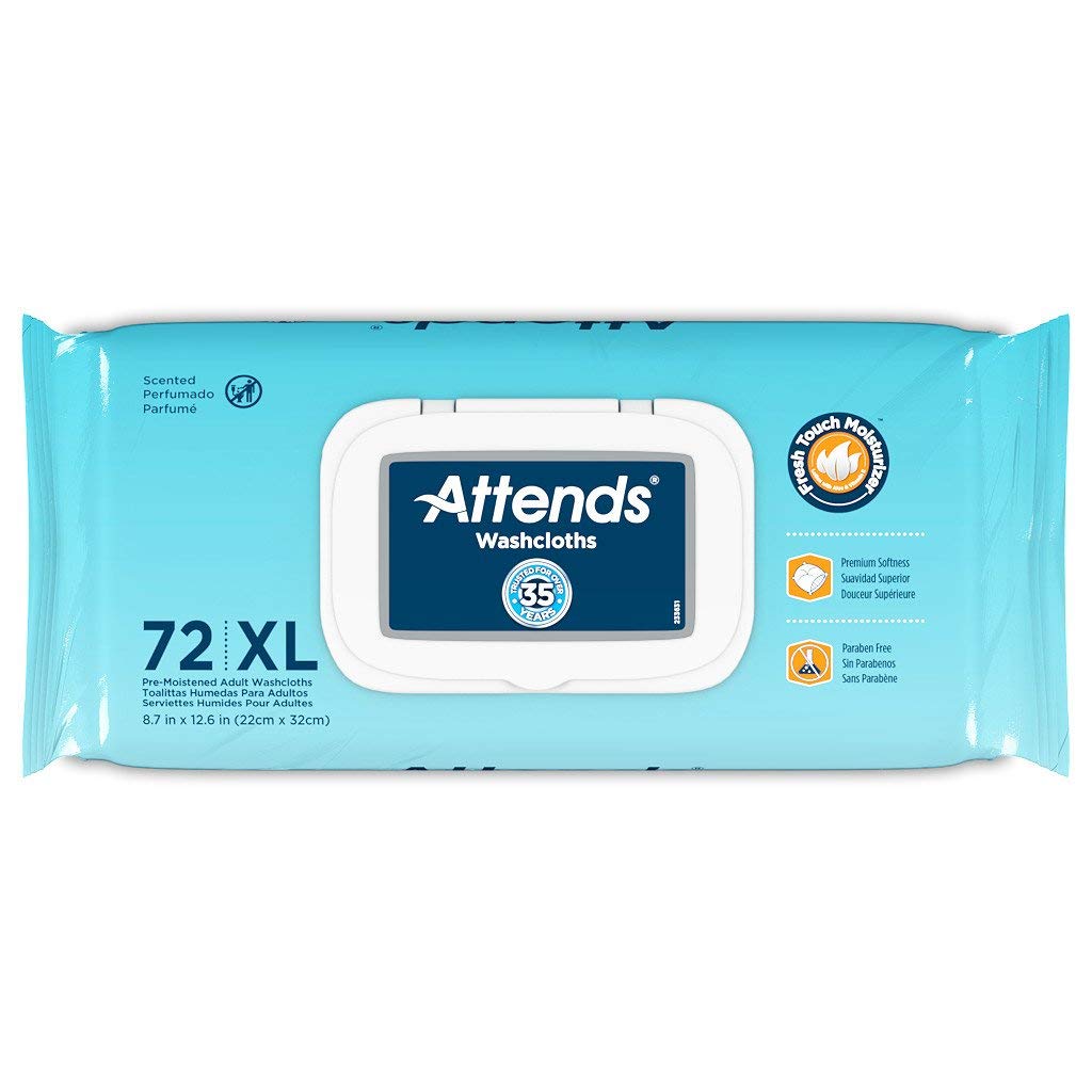 Attends Washcloths No-Rinse Disposable Cleansing Wipes for Incontinence, 7.8"x11.8", Hypoallergenic Alcohol-Free with Aloe, Scented, 72ct Soft Pack