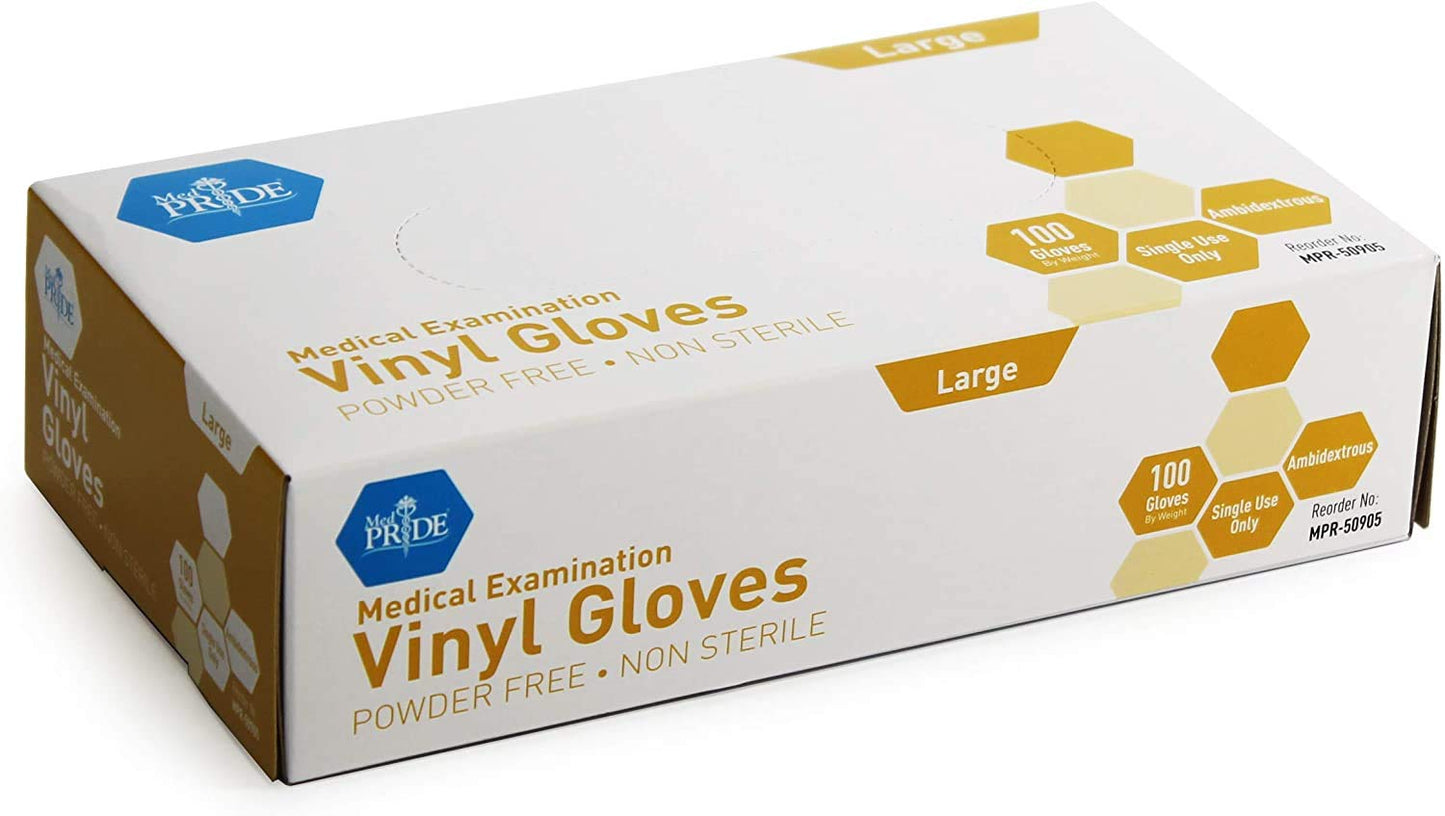 MedPride Powder-Free Vinyl Exam Gloves, Large, Box/100