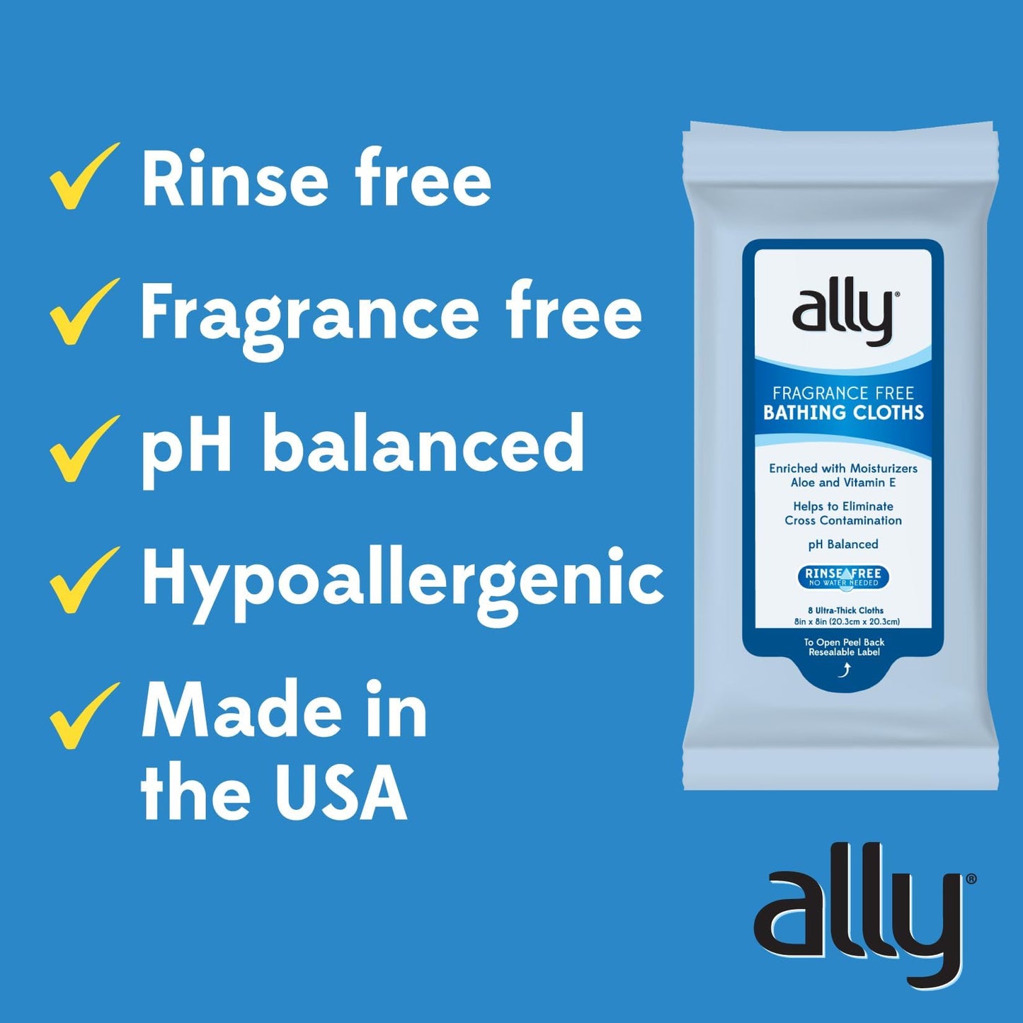 Ally Bathing Cloths – 12 Pack of Fragrance Free Body Wipes for Adults - No Rinse, Ultra-Thick, Disposable Sponge-Bath Wipes – Microwaveable Cleansing Wipes, 96 Count (12 Pk of 8 Wet Wipes)