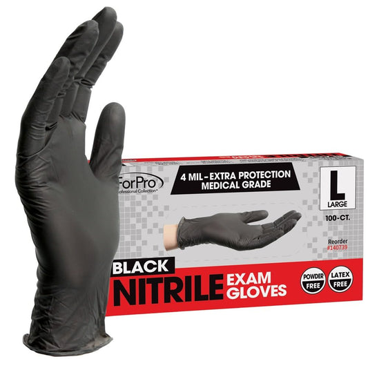 ForPro Disposable Nitrile Exam Gloves, Medical Grade, 4 Mil Extra Protection, Powder-Free, Latex-Free, Non-Sterile, Food Safe, Black, Large, 100-Count