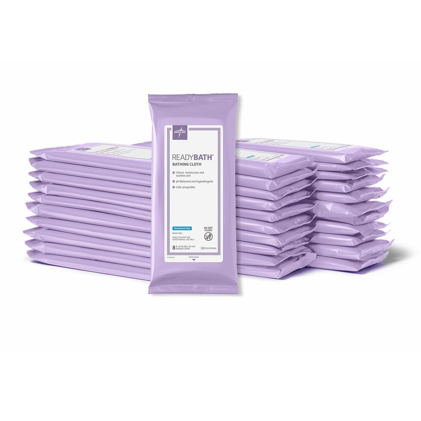 Medline ReadyBath Adult Bath Wipes, 240 Wipes (8 Wipes, 30 Packs), Unscented, No Rinse Formula with Aloe, Shower Wipes for Sensitive Skin, Hypoallergenic & Alcohol-Free Wet Wipes, 8 x 8 Inch