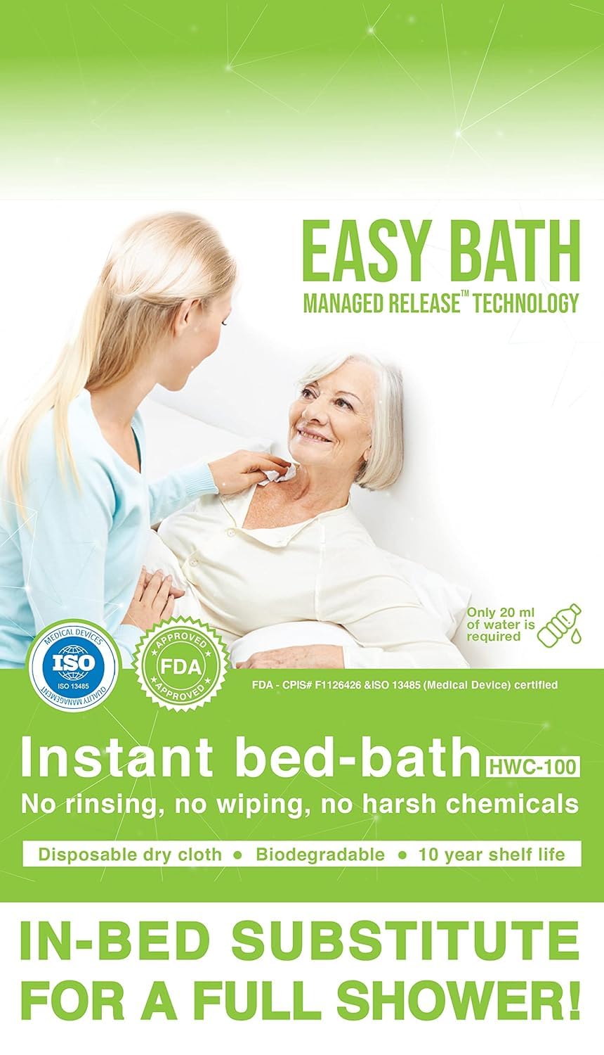 Easy Bath 100% Biodegradable No Rinse Bathing Wipes, Hypoallergenic Bed Bath Wipes with Managed Release Technology, Full Shower with Just 20ml of Water (1 Pack, 8 Wipes)