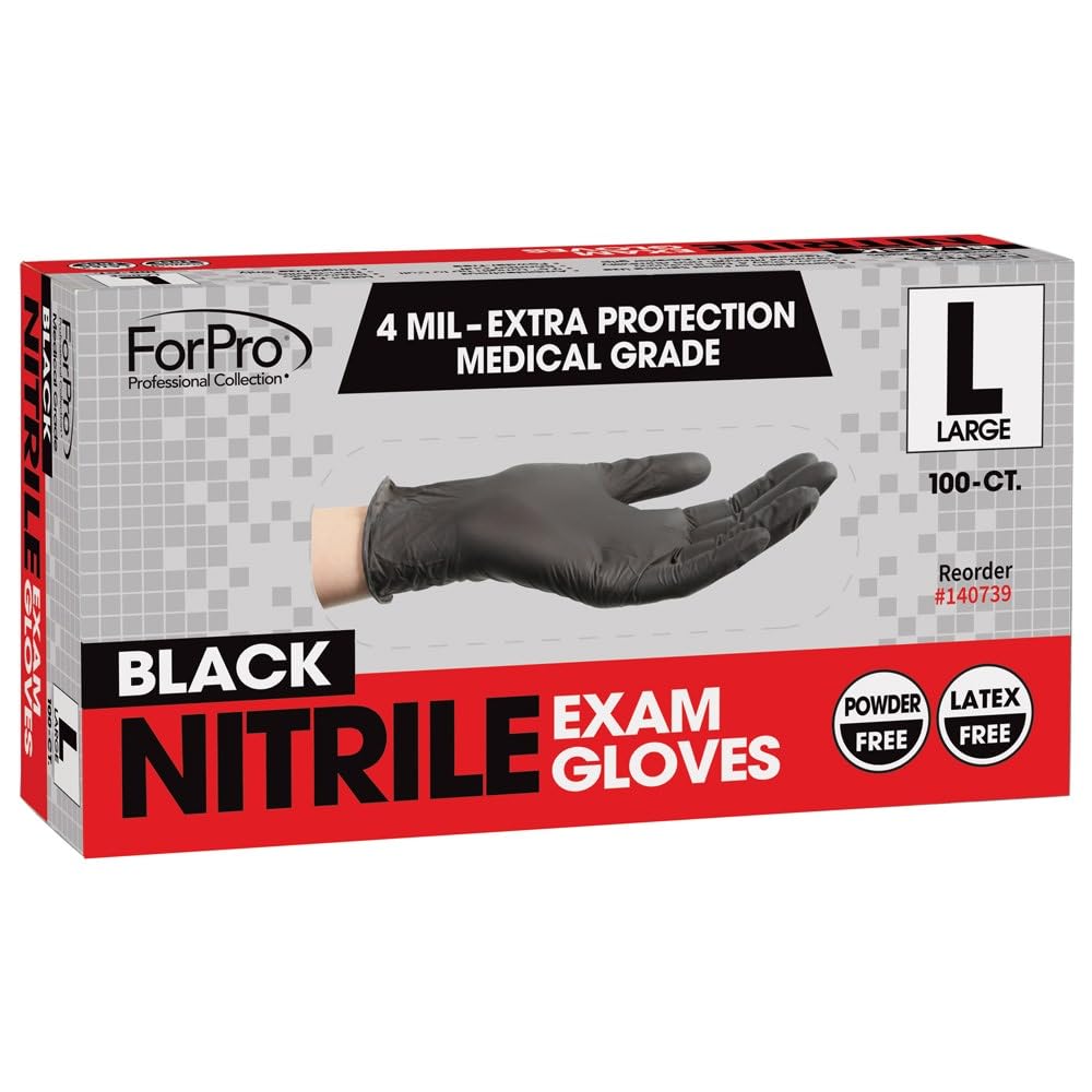 ForPro Disposable Nitrile Exam Gloves, Medical Grade, 4 Mil Extra Protection, Powder-Free, Latex-Free, Non-Sterile, Food Safe, Black, Large, 100-Count