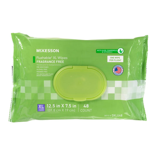 McKesson Flushable* Wet Wipes XL - Aloe & Vitamin E Formula, Gentle on Skin, Plant-Based Adult Cleansing Wipes - Unscented, 48 Wet Wipes per Pack, 48 Wipes, 1 Pack