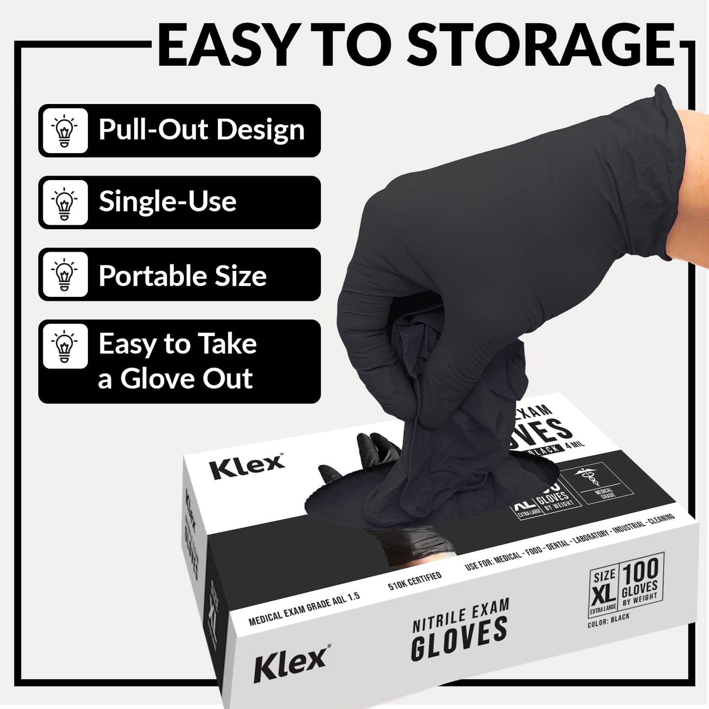 Klex Nitrile Exam Gloves - Medical Grade, Powder Free, Rubber Latex Free, Disposable Examination Grade Glove, Food Safe, Black, Medium, 100 Count