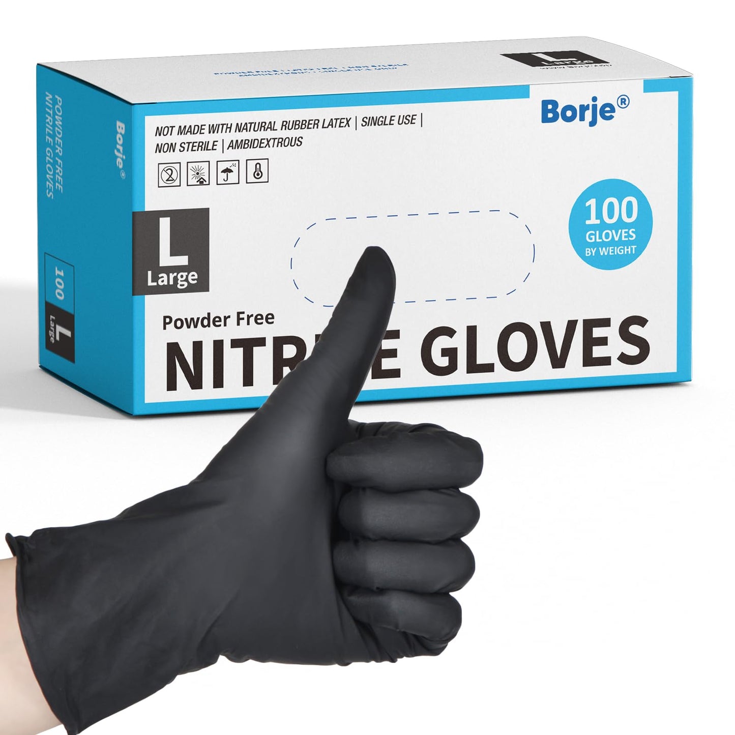 Borje Black Nitrile Disposable Gloves, 4 Mil Medical Exam Gloves, Latex & Powder-Free, Food Safe, Textured Fingertips, Cleaning, Large, 100 Count