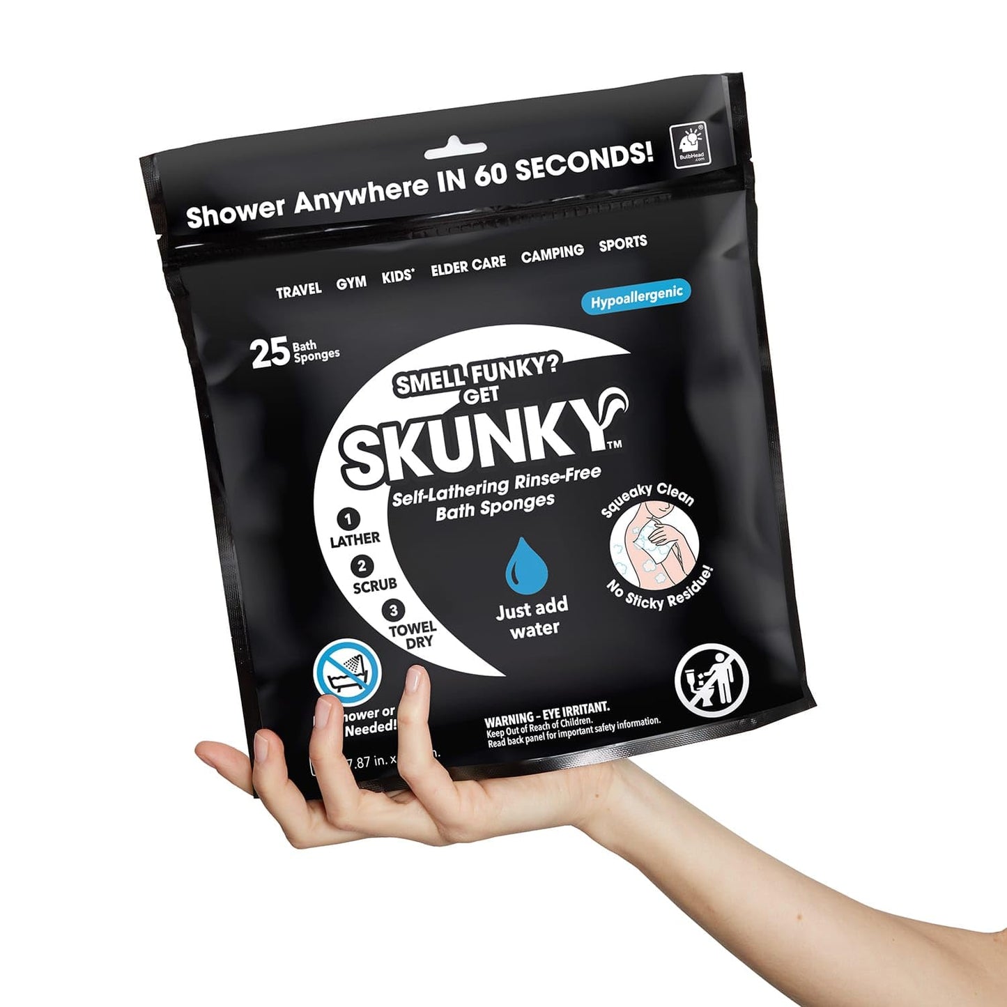 Skunky Disposable Rinse-Free Bathing Sponge Wipes, AS-SEEN-ON-TV, Cleans Without a Shower, Just Add Water, Lather, Scrub & Dry With No Sticky Residue, Gym, Elder Care, Kids & More