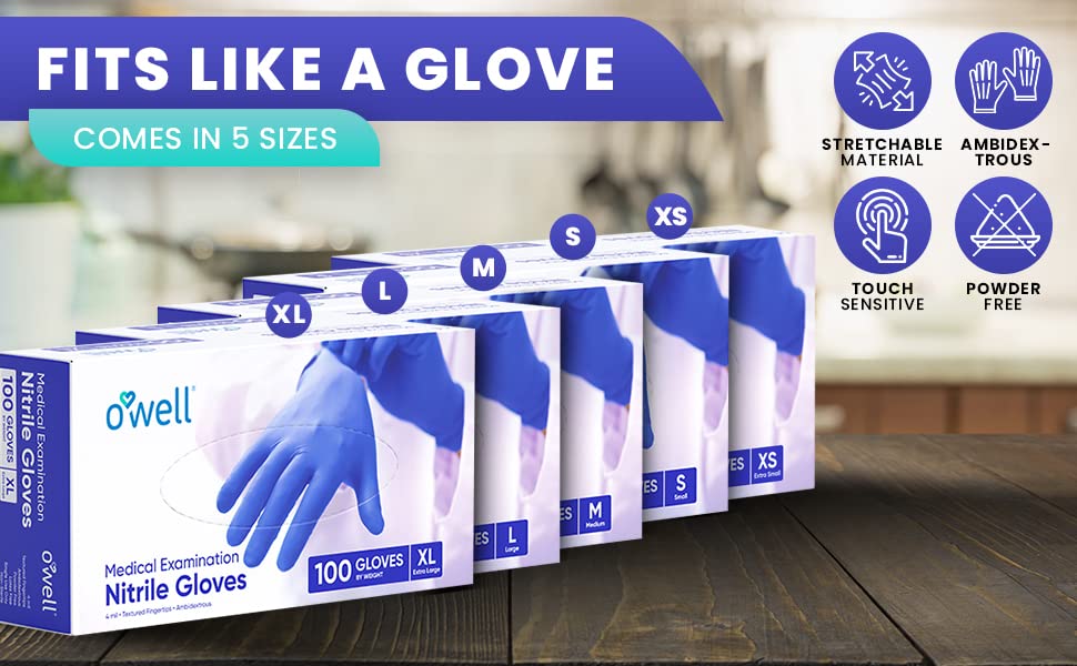 OWELL Medical Examination Nitrile Gloves, Powder & Latex-Free Disposable Gloves, 4Mil Thick Blue Medical Glove, Professional & Resistant Med Gloves, X-Small Size Exam Gloves, 100 Count