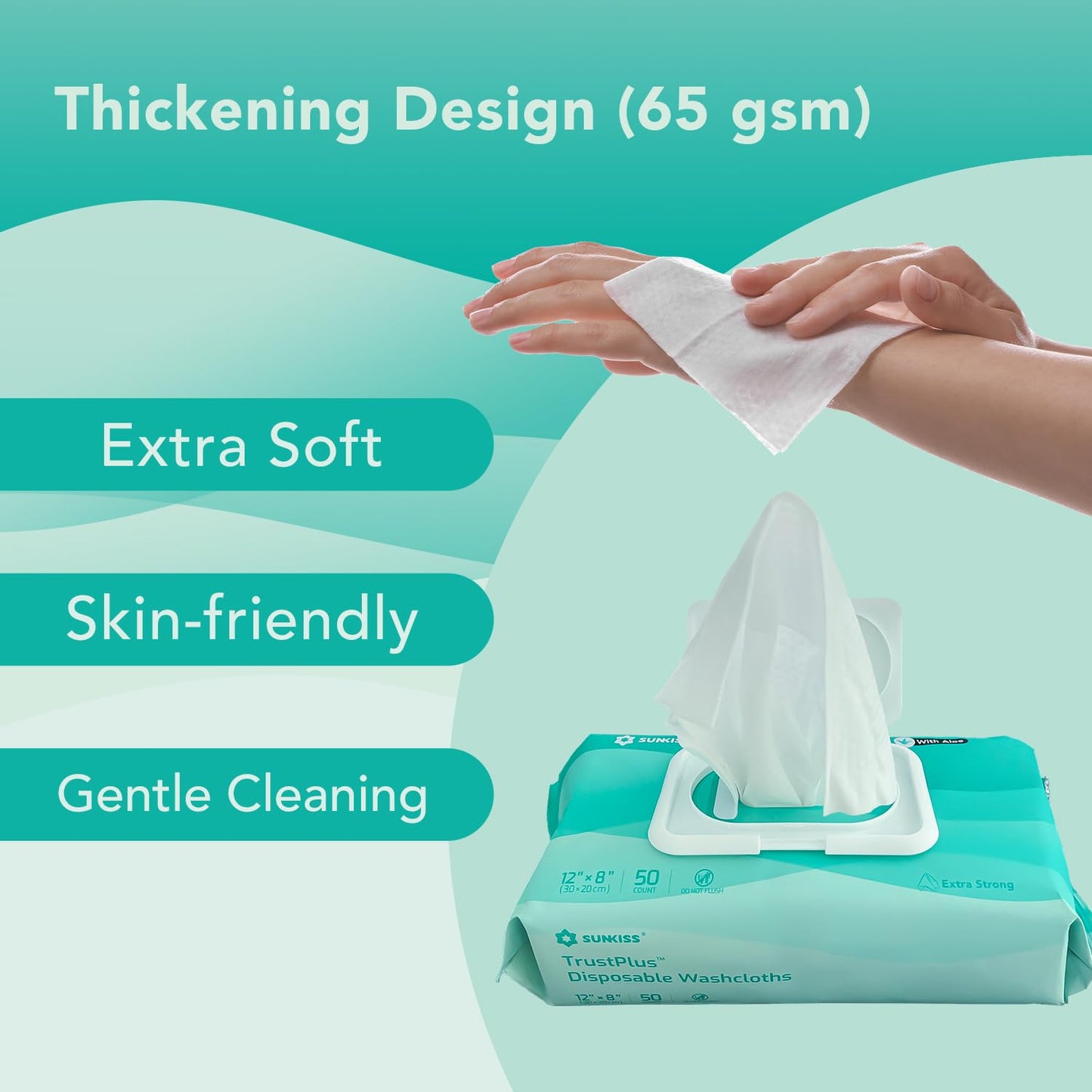 SUNKISS Trustplus Wet Wipes for Adult, Extra Thick 8”x12” Body Cleaning Wipes with Aloe for Elderly Incontinence & Cleansing, 50 Count