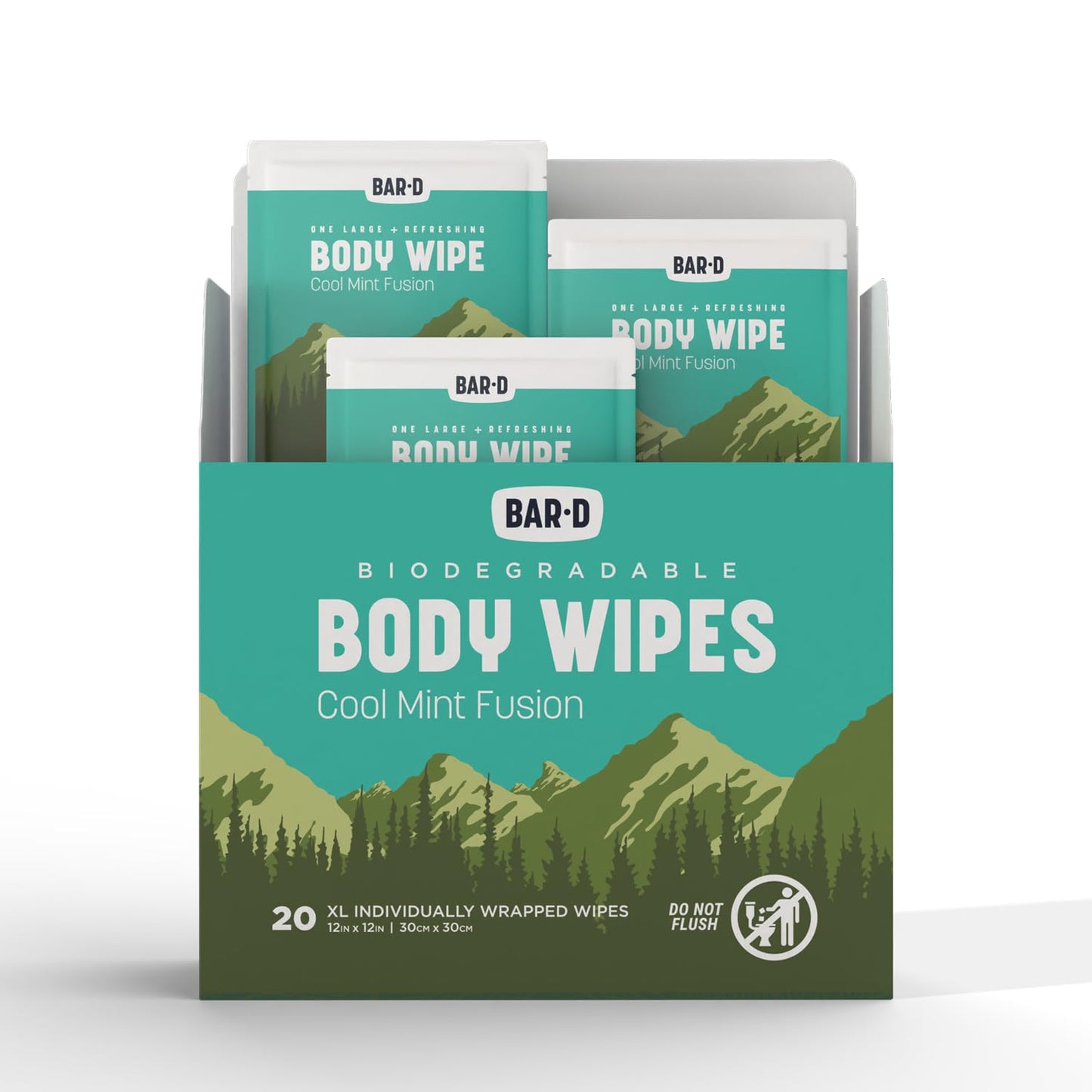 Bar-D Cleansing Face & Body Wipes for Women and Men - Individually Wrapped Biodegradable Shower Wipes, 12x12 Inch, Pack of 20 (20 Count/Box), Mint scent