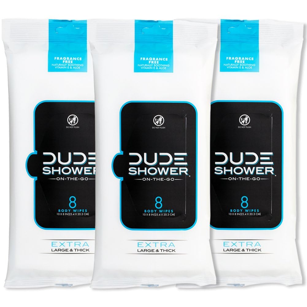 DUDE Wipes - On-The-Go Shower Wipes - 3 Pack, 24 Wipes - Unscented Extra-Large Wipes - Vitamin E & Aloe Full Body Shower Replacement Wipes