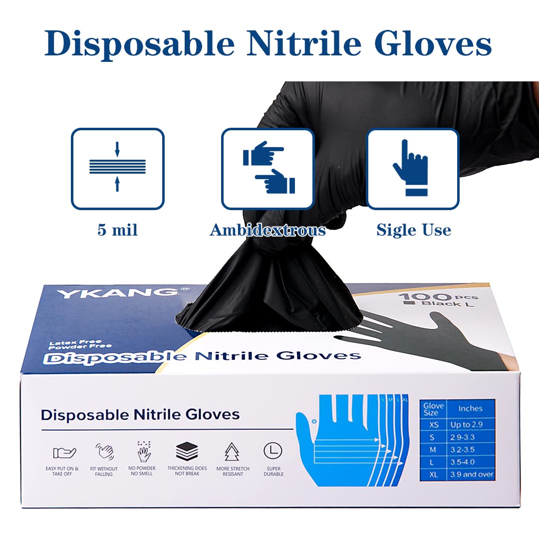 YKANG Black Nitrile Gloves,Disposable Gloves Latex Free 100 PCS,Cooking Gloves,Food Prep,BBQ,Household Cleaning Gloves(Large)