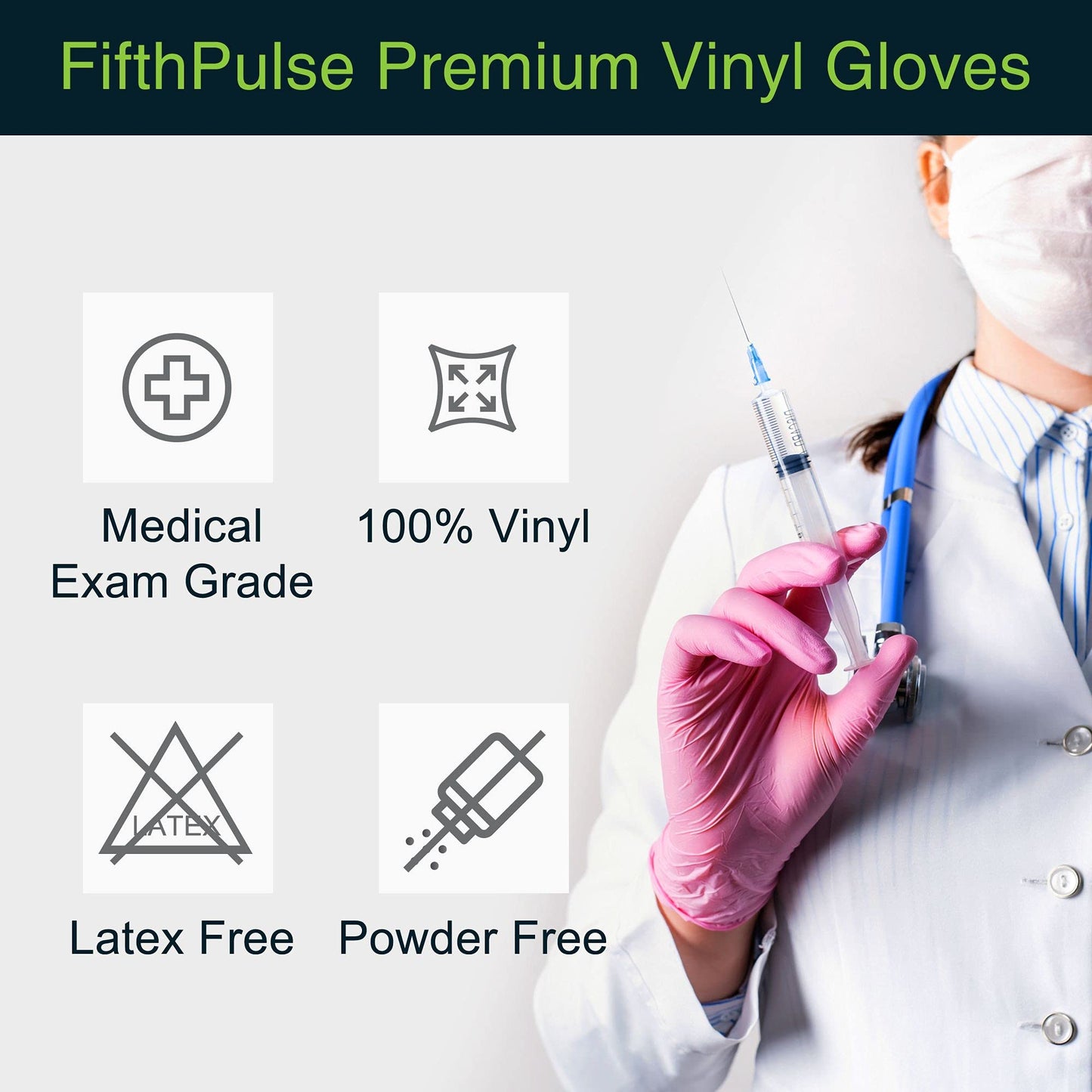 FifthPulse Pink Vinyl Disposable Gloves Large 50 Pack - Latex Free, Powder Free Medical Exam Gloves - Surgical, Home, Cleaning, and Food Gloves - 3 Mil Thickness