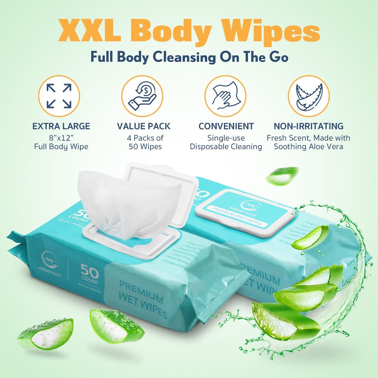 XL Body Wipes for Adults - 8" x 12" (200 count) | Adult Wipes for Eldery, Shower Wipes for Adults Bathing No Rinse, Aloe Vera, Vitamin E