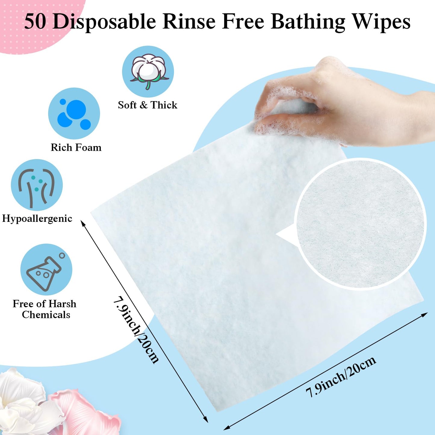 VitalCozy 100 Pcs Rinse Free Bathing Wipes Bulk Sponges Bath Wipes All in 1 Shower Wipes Rinse Free Bath Sponges Wash Cloths for Campers, Hikers, Adults, Elderly