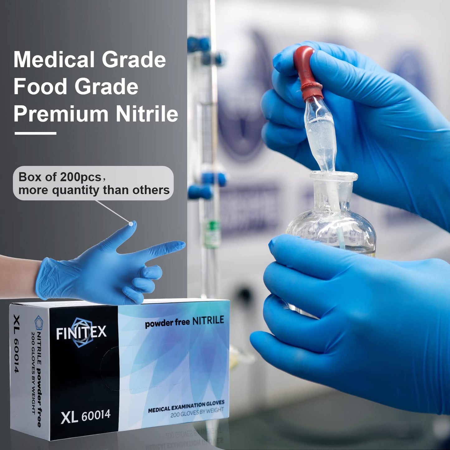 FINITEX Blue Disposable Nitrile Exam Gloves - 200 PCS/BOX 3.5mil Rubber Powder-Free Latex-Free Medical Examination Home Cleaning Food Gloves, X-LARGE