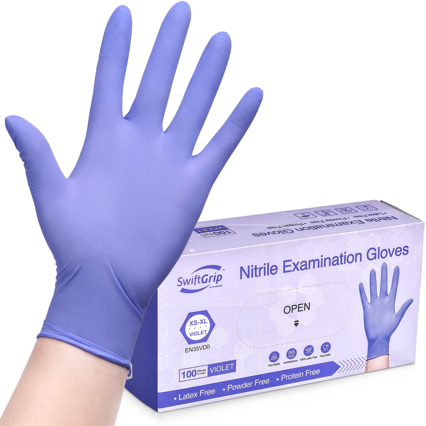 SwiftGrip Disposable Nitrile Exam Gloves, 3mil, Large, Box of 100, Violet Nitrile Gloves Disposable Latex Free for Medical, Cleaning, Cooking & Esthetician, Food-Safe, Powder-Free, Purple