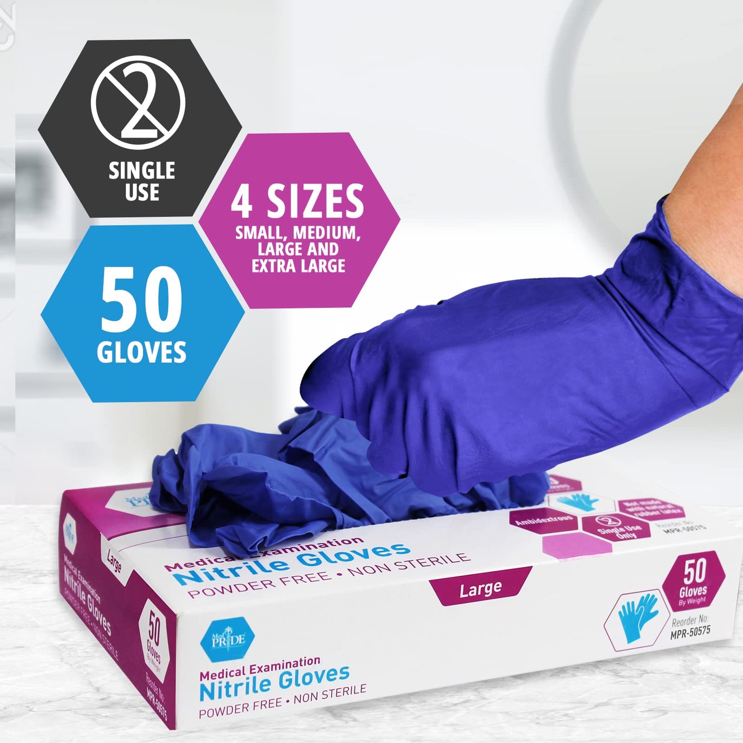 MED PRIDE Nitrile Medical Exam Gloves Large [Box of 50]- Disposable Powder & Latex-Free Surgical Gloves For Doctors Nurses Hospital & Home Use