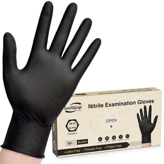 SwiftGrip Disposable Nitrile Exam Gloves, Black Nitrile Gloves Disposable Latex Free for Medical, Cooking & Esthetician, Food-Safe Rubber Gloves, Powder Free, Non-Sterile, 50-ct Box (Medium)