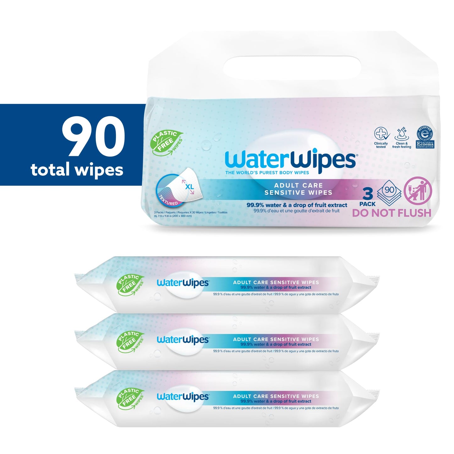 WaterWipes Adult Care Wipes, Extra-large 99.9% Water Based Wipes, Unscented & Hypoallergenic for Sensitive Skin, 90 Count (3 Packs)