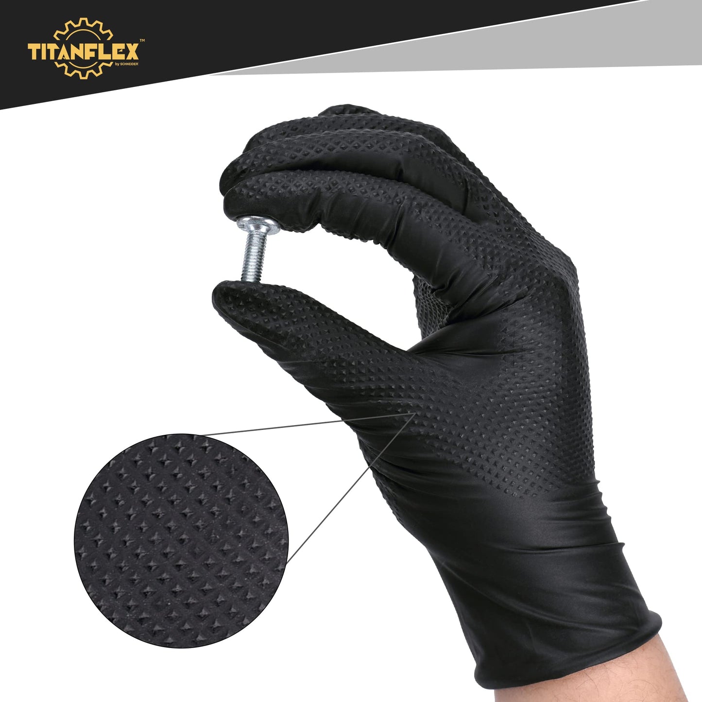 TitanFlex Thor Grip Heavy Duty Black Industrial Nitrile Gloves, 8-mil, Large, Box of 100, Latex Free, Raised Diamond Texture, Powder Free, Food Safe, Rubber Gloves, Mechanic Gloves