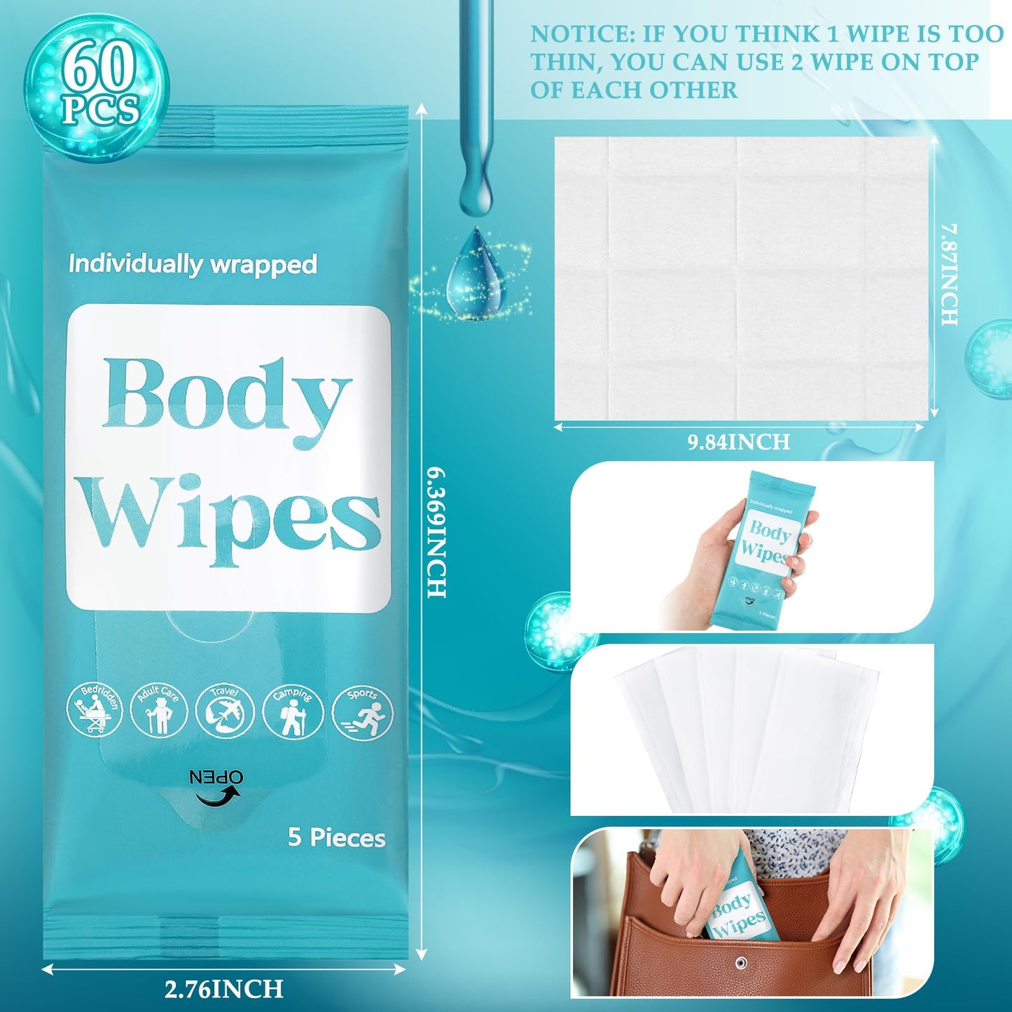 Threlaco 300 Pcs 60 Pack Body Wipes for Adults Bathing No Rinse Individually Wrapped Shower Wipes Washcloth with Aloe Cleansing Body Wash Cloths Disposable Cleansing Wipes(Blue Background)