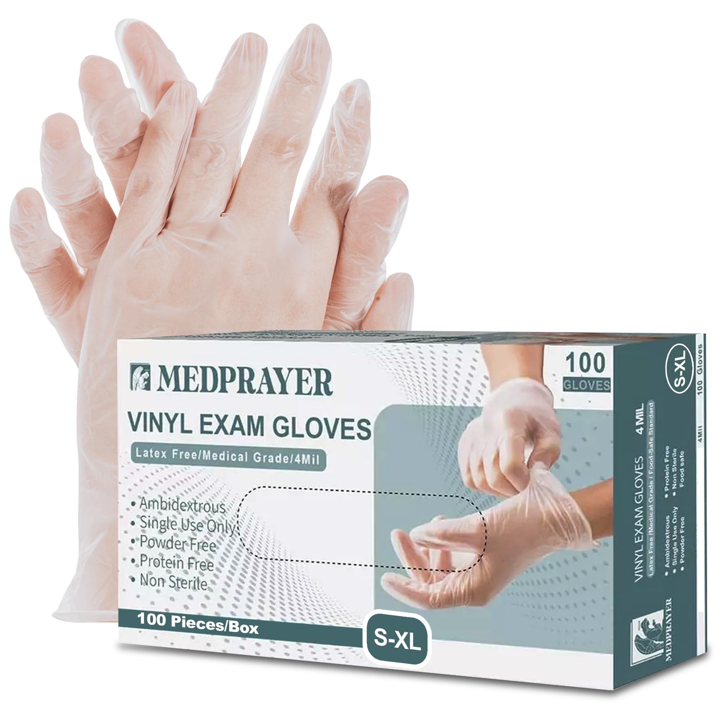 MEDPRAYER Vinyl Exam Gloves - Disposable Latex & Powder Free Gloves for Cleaning, Hand Protection and Food Safe Use - 4 Mil, Medium, 100 Count