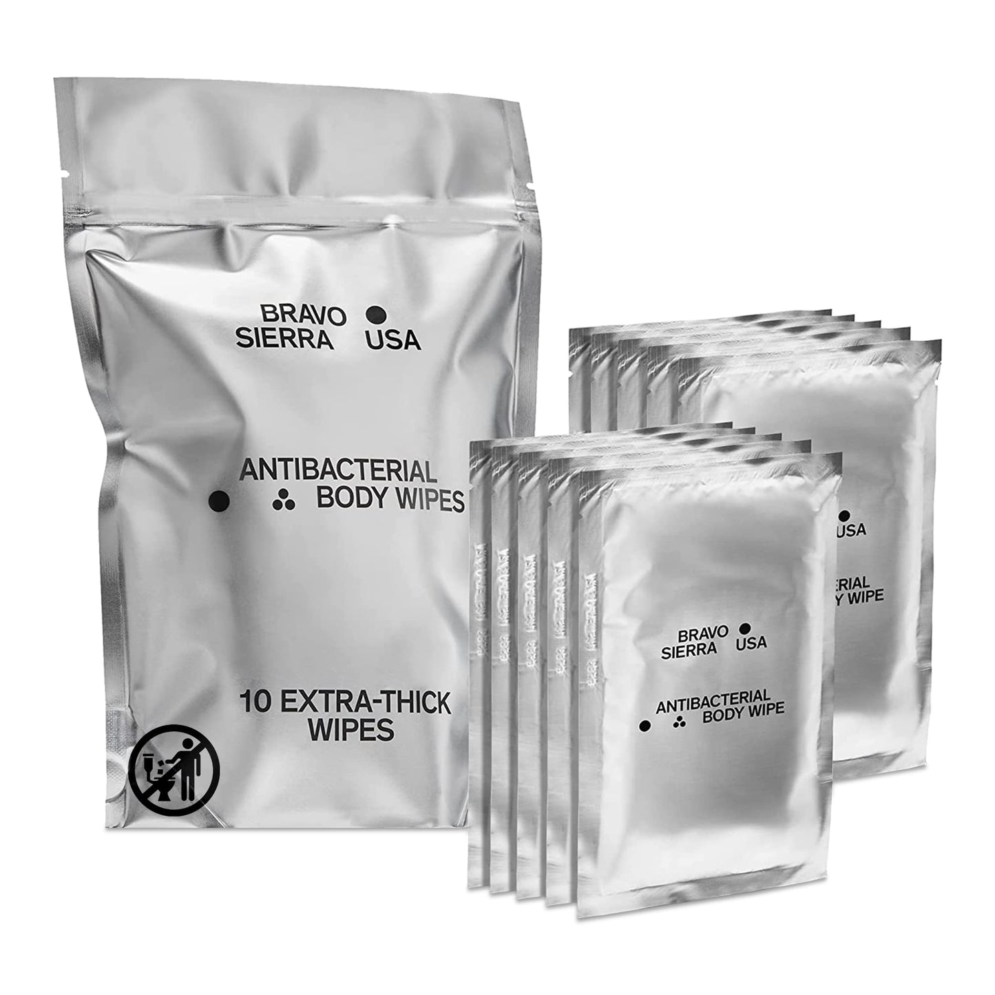 Body Wipes by Bravo Sierra - 10 Individually Wrapped Extra Thick Biodegradable Shower Wipes with Benzalkonium Chloride & Aloe Vera for Adults, Men and Women - No Rinse Bathing Camping & Travel Wipes