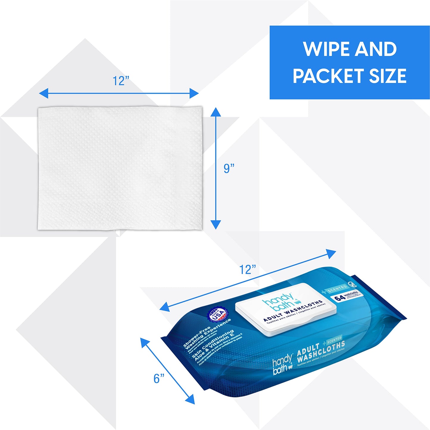 HandyBath Adult Wet Wipes Scented, Extra Large Cleaning Wipes with Aloe Vera & Chamomile, 64 Wipes - Senior Care, Outdoor Activities, Travel Essentials