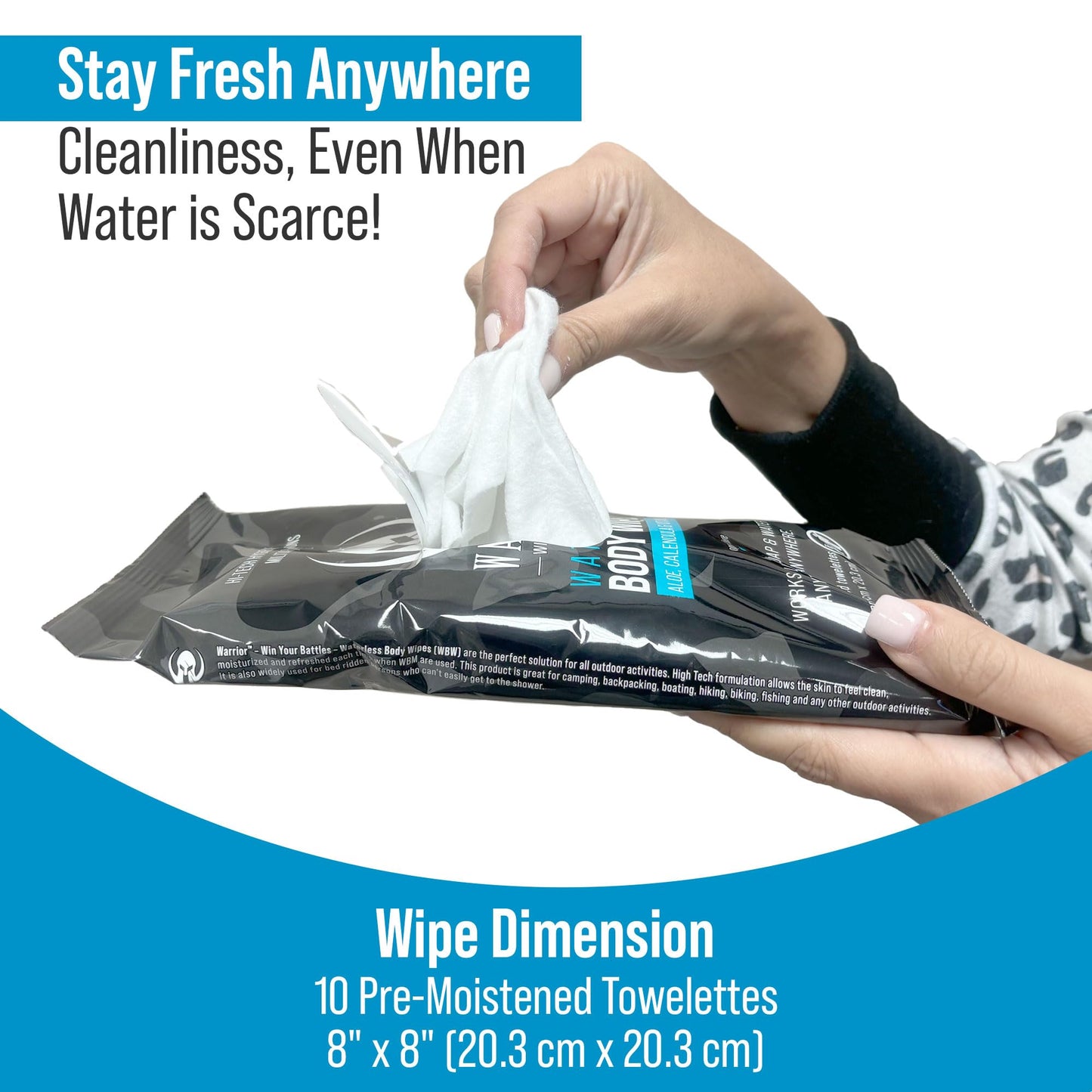 Warrior Waterless Body Wipes - Rinse-Free & Hypoallergenic Cleaning Wipes Enriched with Aloe, Calendula & Vitamin E - Alcohol-Free Unscented Large Size Wipes For Sensitive Skin & Bedridden Patients