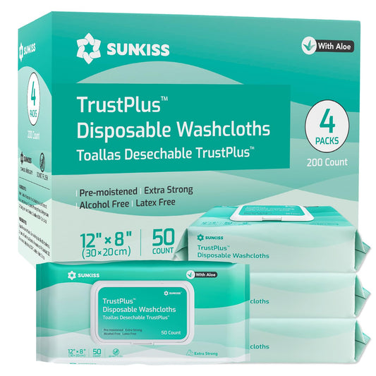 SUNKISS Trustplus Wet Wipes for Adult, Extra Thick 8”x12” Body Cleaning Wipes with Aloe for Elderly Incontinence & Cleansing, 200 Count (4 Packs of 50)