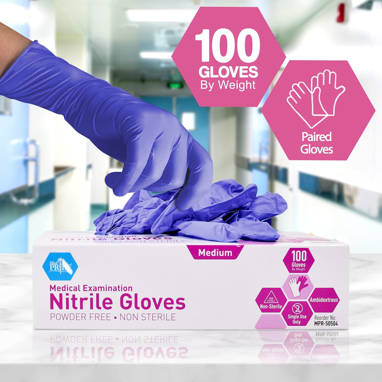 MedPride Powder-Free Nitrile Exam Gloves, Iris Blue, Medium, Box/100