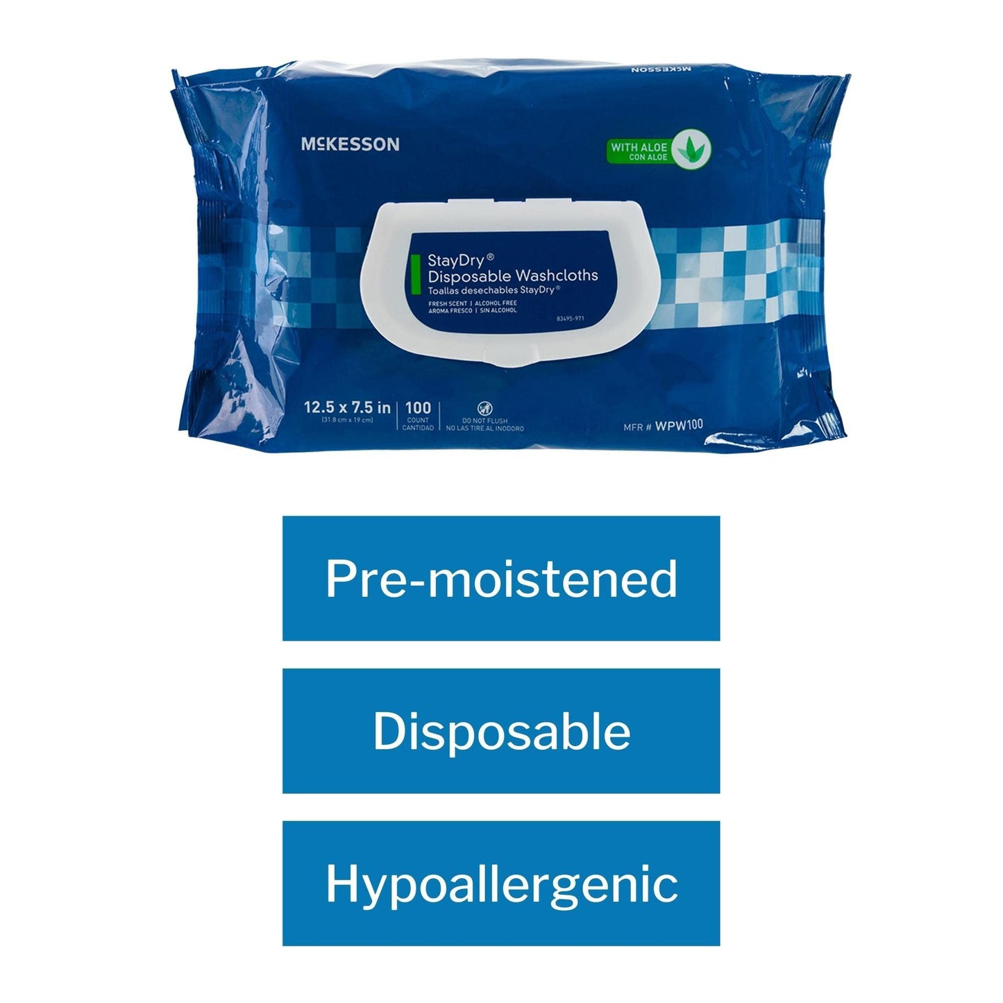 McKesson StayDry Disposable Wipe - Large Adult Body and Incontinence Washcloths with Aloe and Vitamin E, Alcohol-Free, 100 Wipes Per Pack