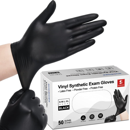 Schneider Large Black Vinyl Exam Gloves, Disposable, Latex-Free, Plastic Gloves for Medical, Cooking, Cleaning, and Food Prep, 50-ct Box